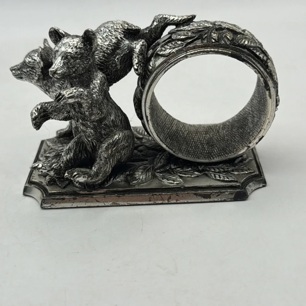 Franklin Mint Animals At Play Napkin Ring Silver Plate Bear Cubs Vintage 1977
